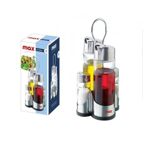 OLIERA 4 PEZZI IN ACCIAIO VETRO ORGANIZER DA TAVOLO OLIO SALE ACETO PEPE