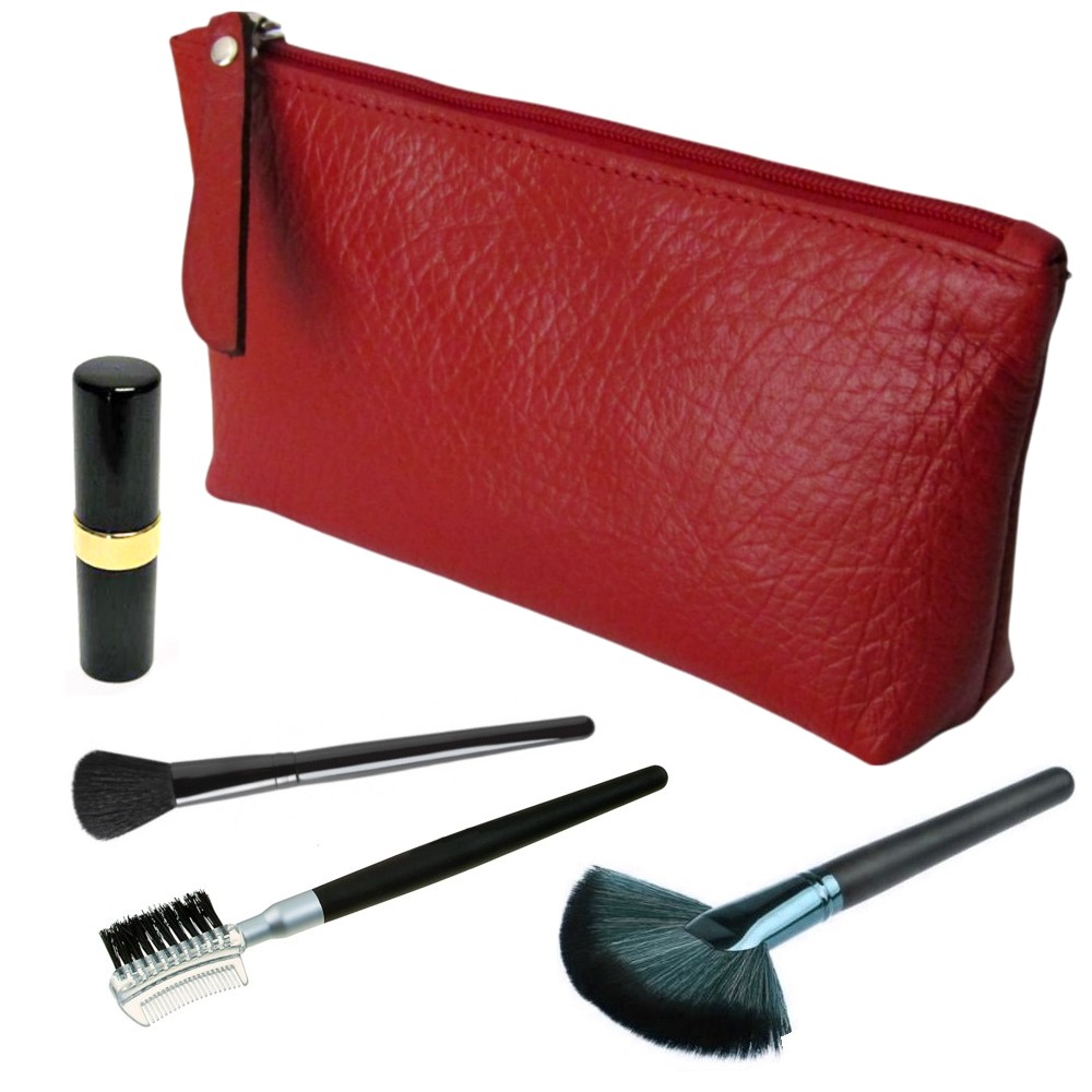 BORSELLO PORTATRUCCHI MAKE UP BORSELLINO PORTA TRUCCO VERA PELLE ROSSO SCURO